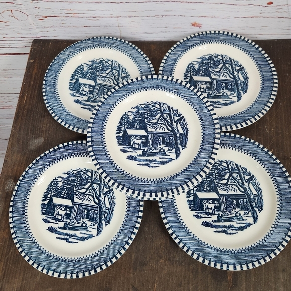 Currier & Ives Edwin M Knowles Country Life Blue Bread Plates Set Of 6 - Picture 1 of 2